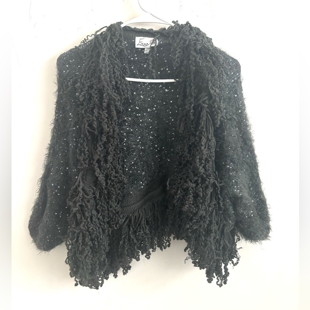 Vintage Cardigan Womens S/M Grey Whimsigoth Sequin Fringe Knit Shawl Boho Glam